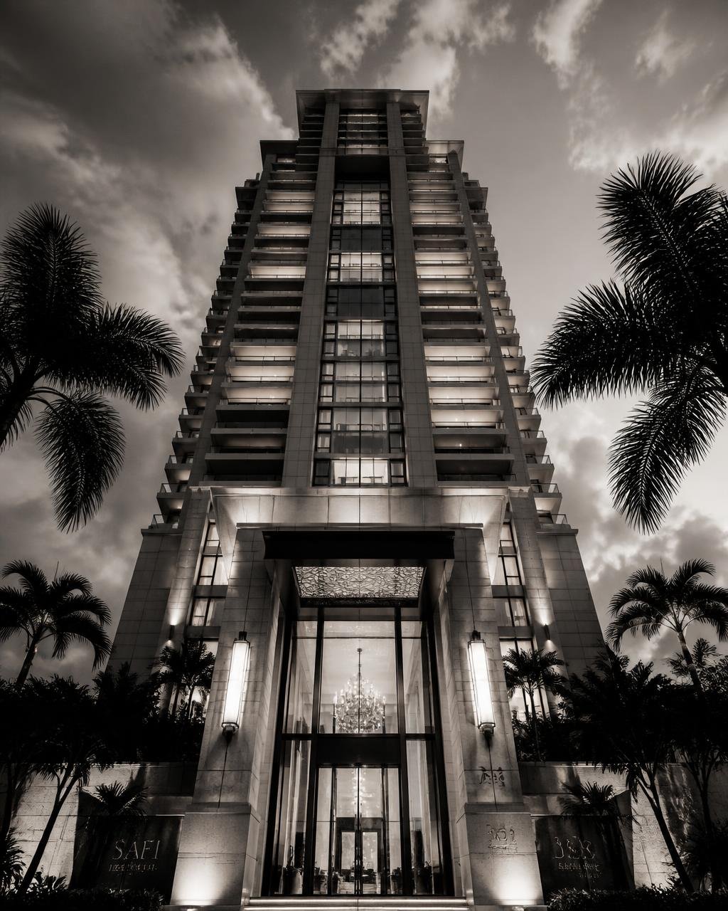 Fachada iluminada de torre residencial de luxo vista de baixo