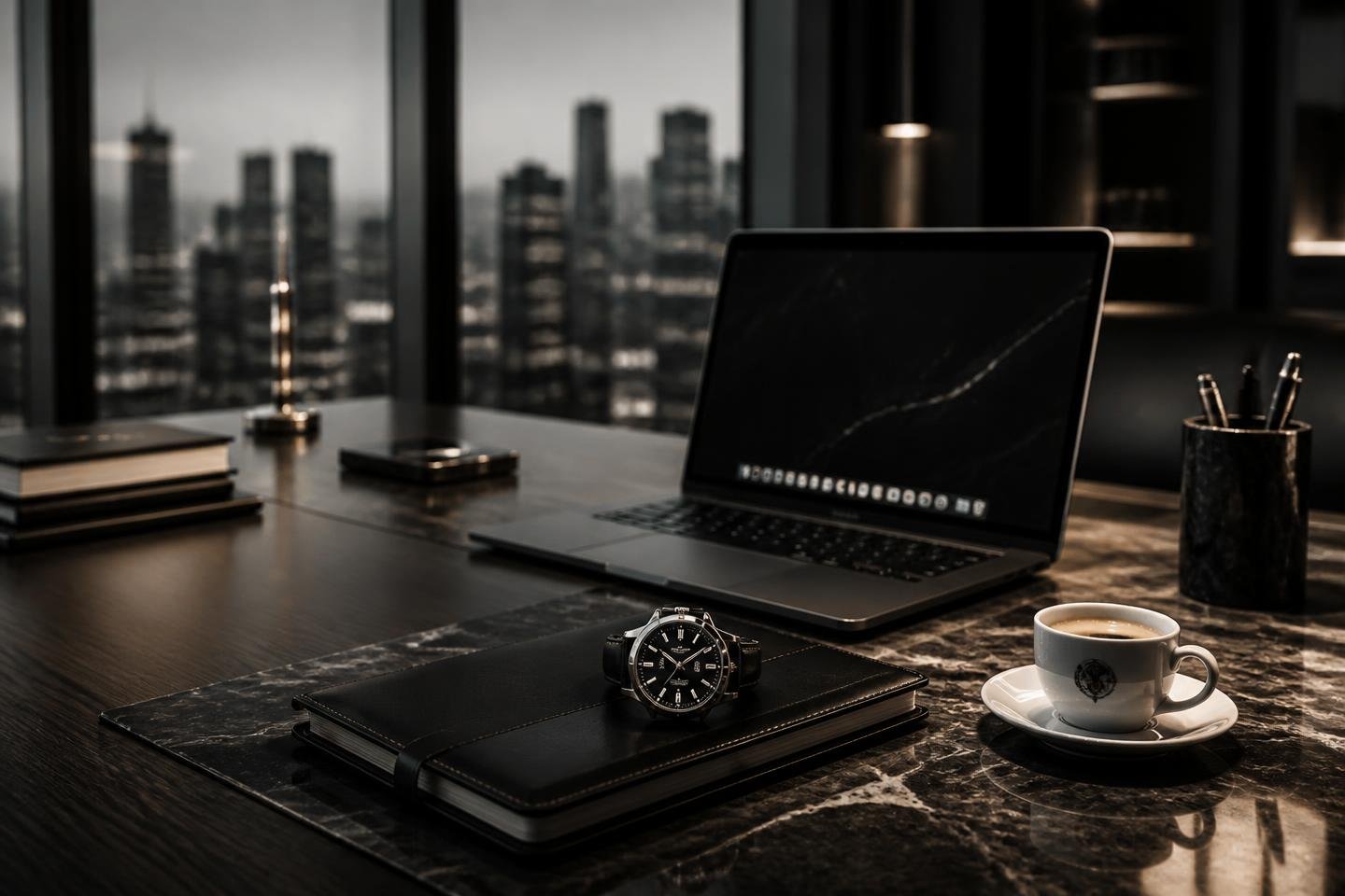 Mesa executiva com notebook, caderno de couro e relógio