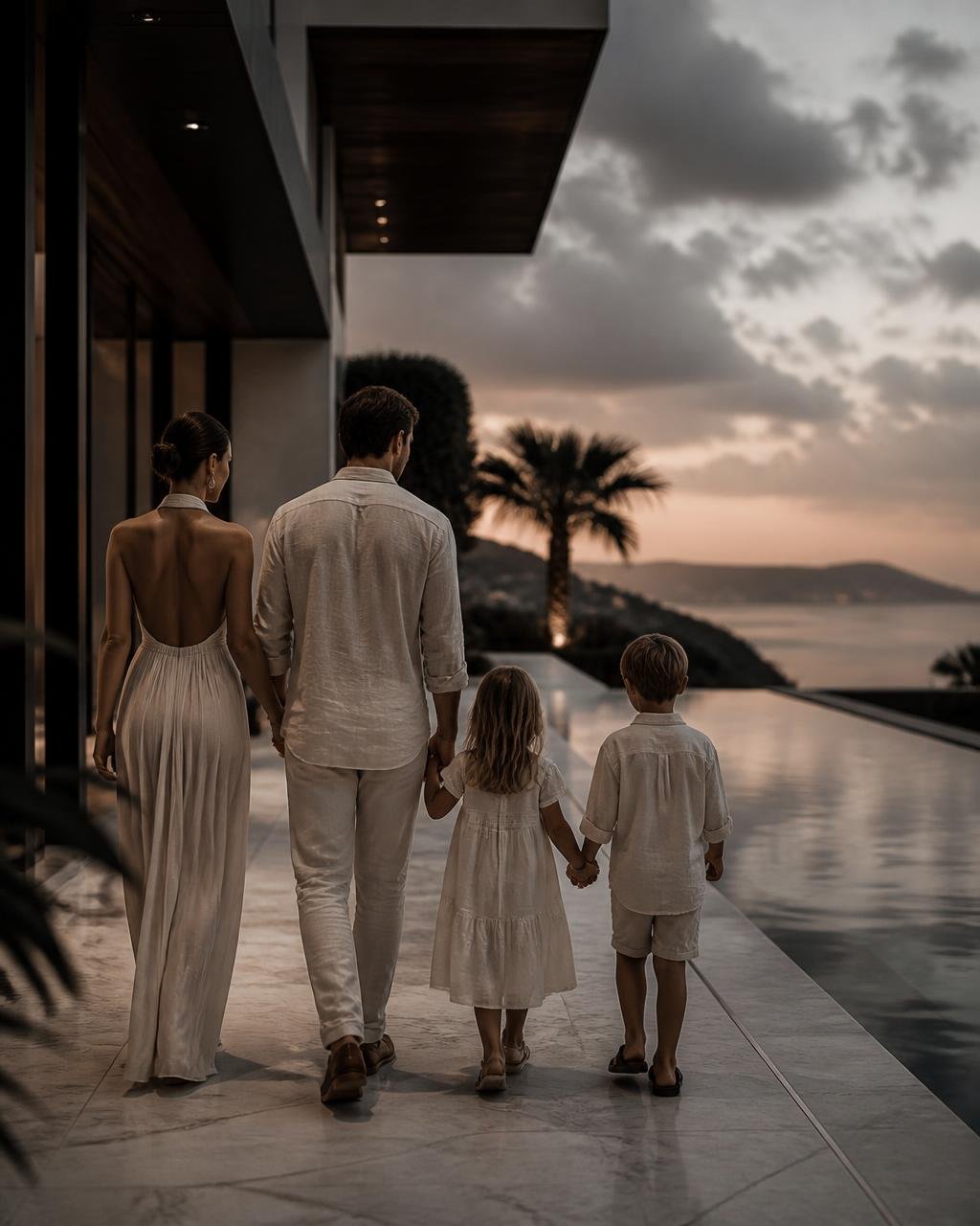 Família caminhando em terraço de mármore ao anoitecer