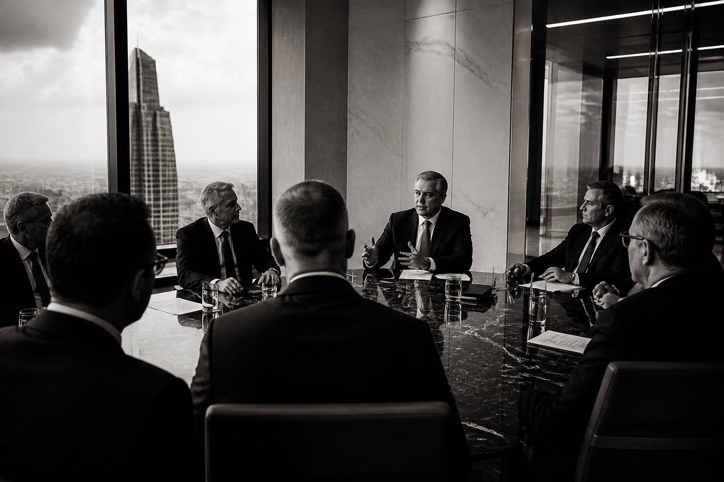 Reunião executiva em sala de reuniões no alto de uma torre