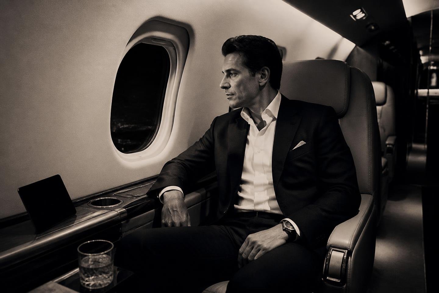 Executivo em cabine de jato privado à noite
